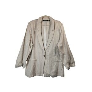 Briggs Blazer L Tan Cream Striped Summer Weight Linen Blend Costal Grandmother